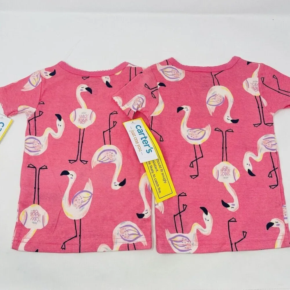 Carters Baby Girls 12/18 Months Lot of 2 Pajama Tops in Pink Flamingo Print 1067